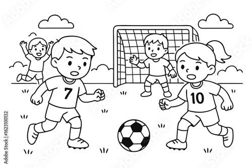 Soccer game coloring page. Line art of children playing football on school field with goal and ball