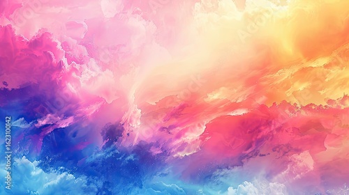 A vibrant and colorful sky filled with swirling clouds in shades of pink, orange, and blue.