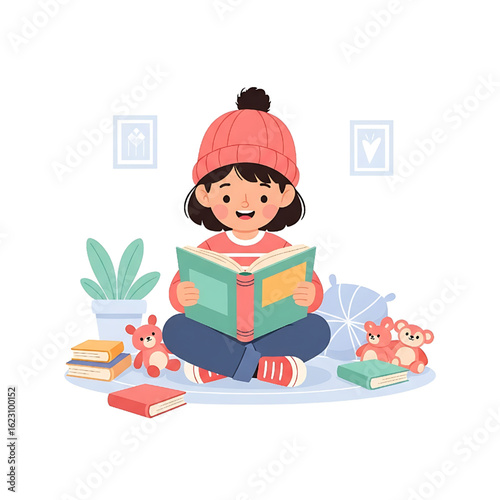 Happy girl reading a book, winter hat, teddy bears, books, cozy illustration