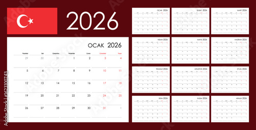 2026 Full Year Grid Calendar in Turkish, Set of 12 Months.