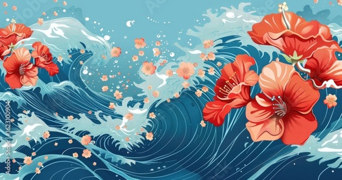 A vibrant illustration of ocean waves intertwined with colorful hibiscus flowers.