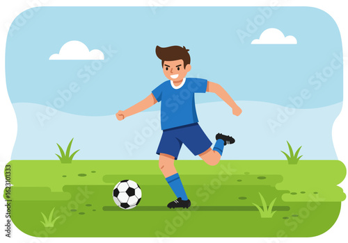 Soccer star strikes in serene scene grass sprouts clouds drift