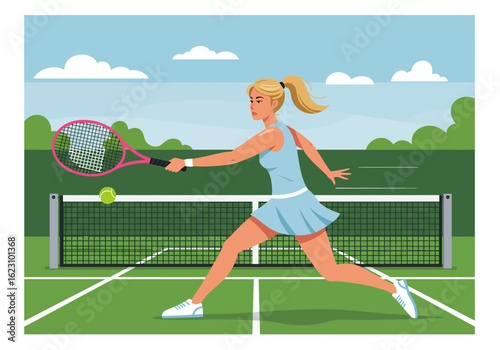 Tennis star in action hitting a powerful forehand on the green court
