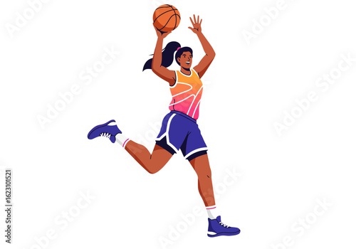 Athletic woman leaping while holding basketball ready to shoot