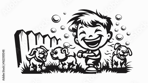 A cheerful boy is playing with three small dogs near a fence with bubbles floating around them happily silhouette