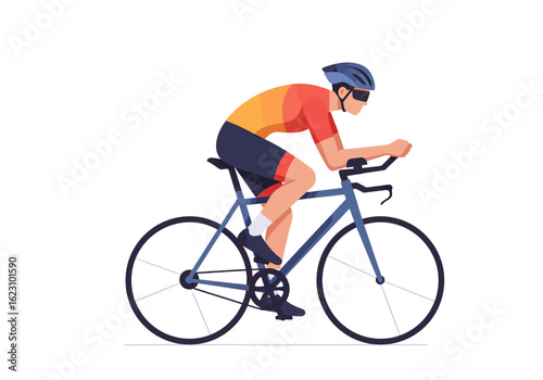 Focused cyclist races sporting gear and streamlined bike cutting through the air