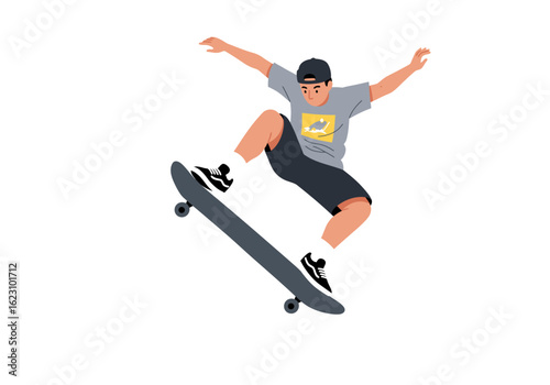 Skateboarder catches air action style and energy in midtrick