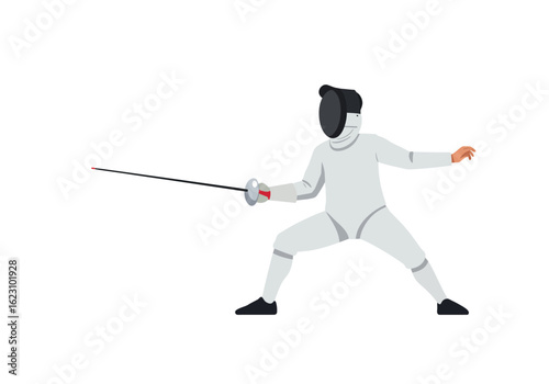 A poised fencer lunges forward foil extended ready to strike in a moment of athletic focus