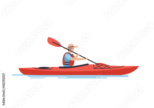 Kayak Paddler Sunhatted individual navigates a red kayak on gentle blue waters