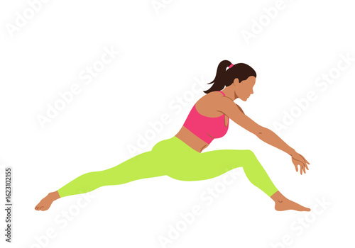 Dynamic stretch A woman in activewear gracefully bends forward in a vibrant green and pink workout pose