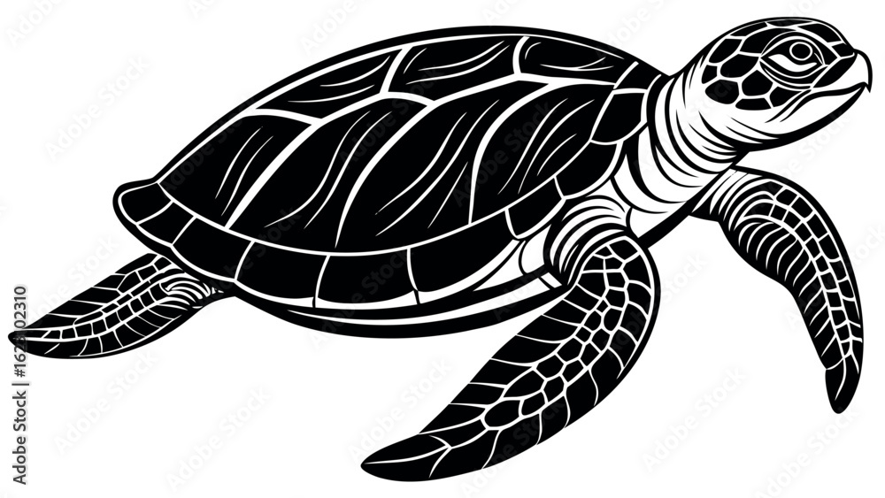 Fototapeta premium Majestic sea turtle silhouette swimming gracefully through ocean waters creating a serene underwater scene