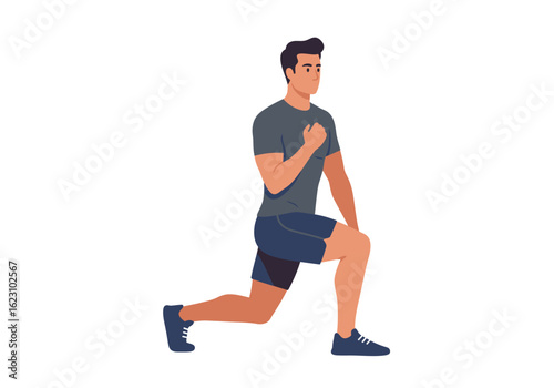 Man lunging forward in athletic gear focused on fitness and strength training isolated against a plain backdrop