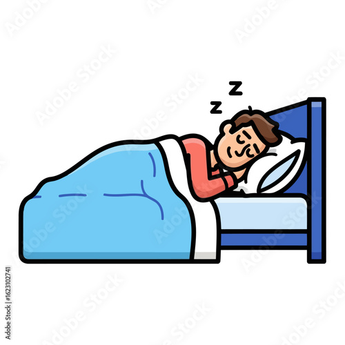 Vector art of a man peacefully sleeping in a comfortable bed with a blue blanket and pillow, showing zzzz indicating deep sleep, isolated on white background