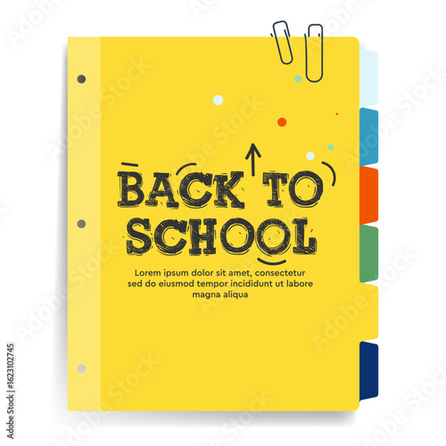 Back to School yellow folder with tabs, isolated on white, vector illustration