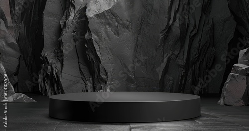 A minimalist stage set against a rocky backdrop, ideal for presentations or performances.