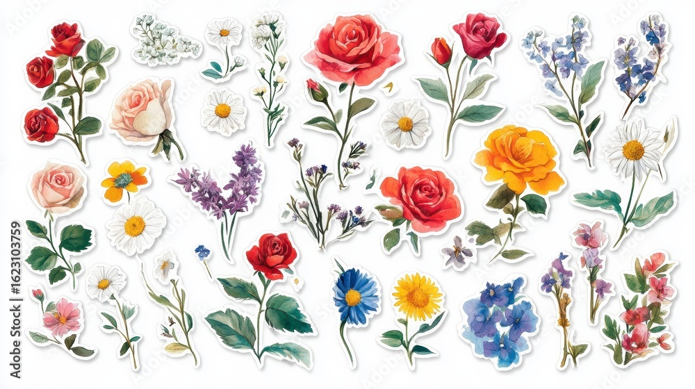 Obraz premium Collection of watercolor-style floral stickers featuring roses, daisies, and other blooms.