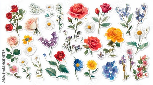 Collection of watercolor-style floral stickers featuring roses, daisies, and other blooms.