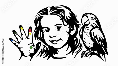 Illustration of a girl with painted fingers and a parrot perched on her shoulder in black and white style silhouette