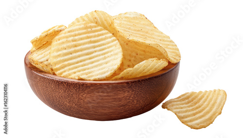 Wooden bowl brimming with light golden, ridged potato chips
