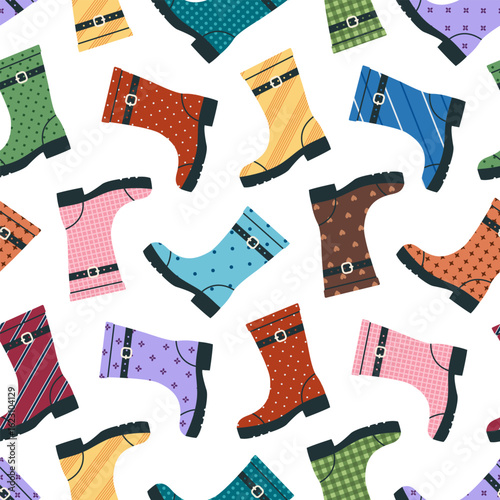 Seamless pattern with rubber boots. Colored pairs of rubber boots with different ornaments on white background. Waterproof footwear collection. Protective gumboots. Vector flat illustration