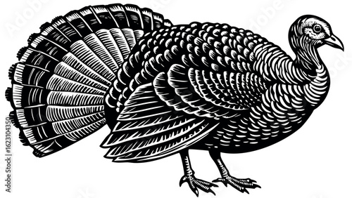 A striking black silhouette of a turkey in profile showcasing its distinctive features and plumage for thanksgiving or harvest celebrations silhouette