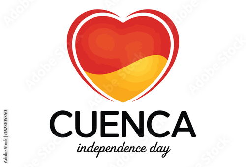Cuenca Independence Day illustration with red-yellow heart motif and bold celebratory typography honoring Ecuadorian regional heritage