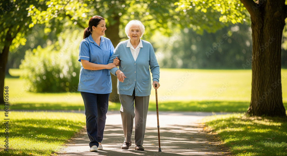 Obraz premium Senior woman and caregiver walking in the park