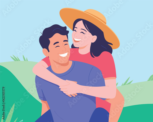 A flat vector illustration depicting a happy young couple in love enjoying a piggyback ride outdoors.
