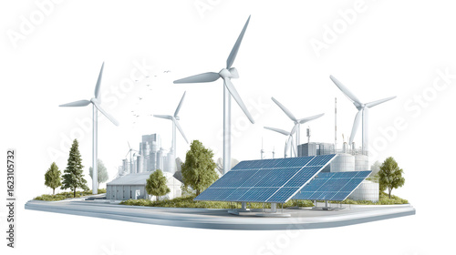 Clean Energy Concept with Solar and Wind background isolated on a Transparent background, PNG file.