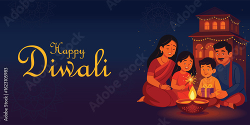 Indian family celebrate Diwali festival background with decorated Rangoli and Diya. vector illustration design.