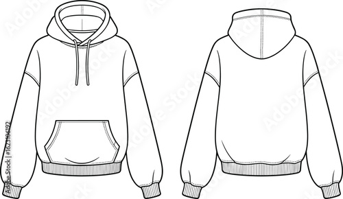 Oversized women’s hoodie flat sketch, front and back views, kangaroo pocket, drawstring hood, casual streetwear CAD fashion template