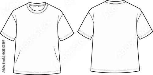 Basic crew neck t-shirt flat sketch, front and back view, unisex short sleeve tee CAD template for fashion design