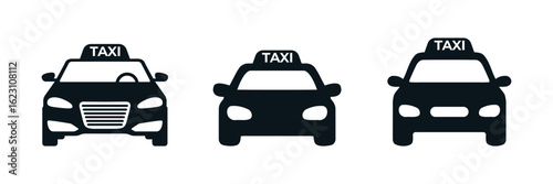 Three Black Taxi Car Icons: Front Side, Simple, Minimalist, Transportation Vector Graphics