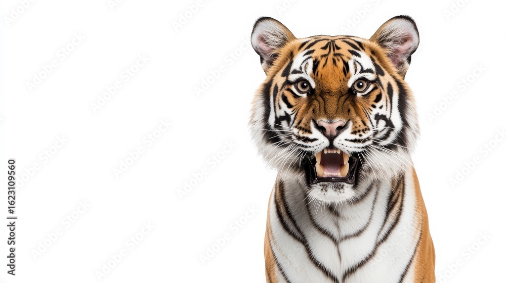 Fototapeta premium Close-up of a Roaring Tiger, White Background, Wildlife Photography, Big Cat Wild Cat, Apex Predator