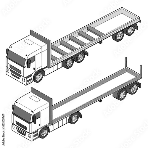 Isolated isometric set of semi-truck and flatbed trailer with no container, showing front, rear, and top views, cartoon vector on white background.
