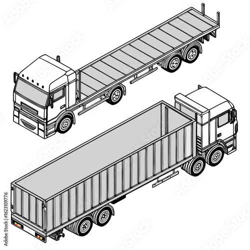 Semi-trailer truck and flatbed in isometric front, rear, and top views without container, blank and isolated on white background, cartoon vector set.