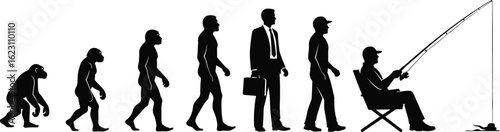 Silhouette evolution of man from ape to modern lifestyle, ending in fishing scene, depicting progress, transformation, nature, timeline, activity