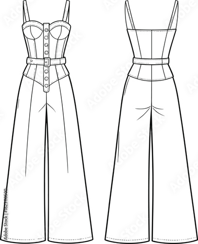 Women's belted jumpsuit fashion flat sketch, wide leg bodice design CAD template, technical drawing front and back view