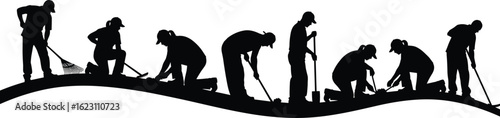 Silhouette of construction workers performing maintenance, teamwork effort, labor force on wavy surface, industrial job site, black vector illustration, tools