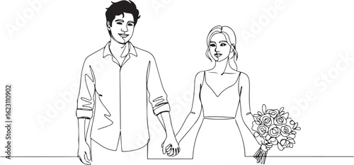Romantic couple holding hands, line art illustration, black and white vector design