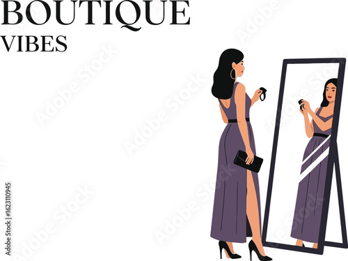Woman trying on jewelry in front of a mirror, fashion illustration