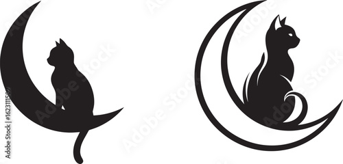 Two black cat silhouettes sitting on a crescent moon isolated on white background