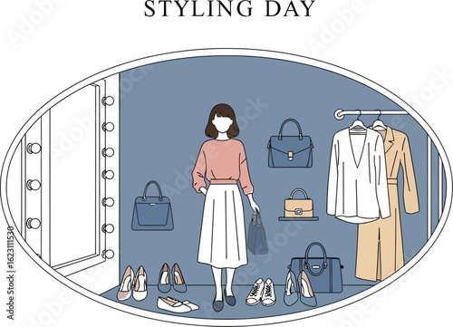 Woman styling outfits with handbags, shoes, and clothes in closet