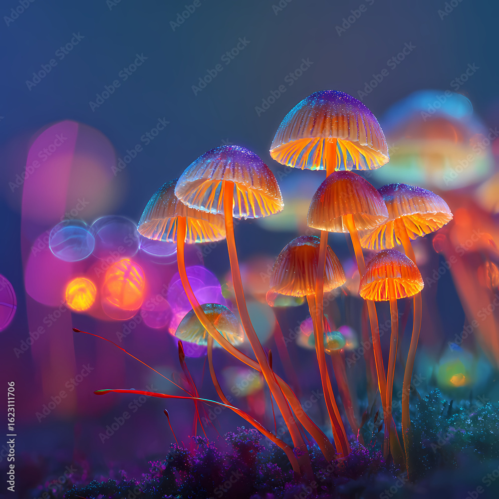 Fototapeta premium Glowing Mushrooms Cluster on Mossy Forest Floor at Twilight