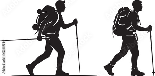 Silhouette of two hikers with backpacks and trekking poles isolated on white background