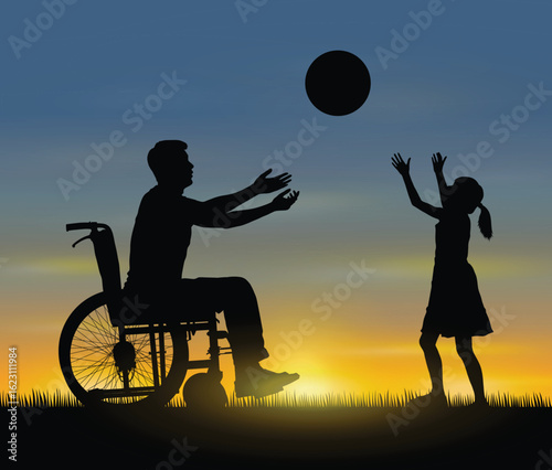 Father on wheelchair and little daughter playing catch throwing the ball between each other on grass field outdoor silhouettes at sunset sky dusk.