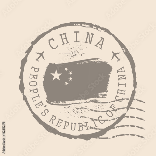 China Stamp Postal. Flag of China rubber Seal.  Design Retro Travel. Seal  People's Republic of China grunge  for your design, app, UI.  EPS10.