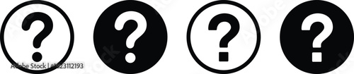 Set of Black Question Mark Icons in Circles, Representing Query, Help, Information, and Frequently Asked Questions, Flat Vector Illustration