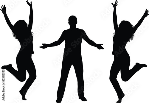Silhouette of people jumping, celebrating success, energetic mood, black vector illustration, fun and joy, happiness, lifestyle concept, white background