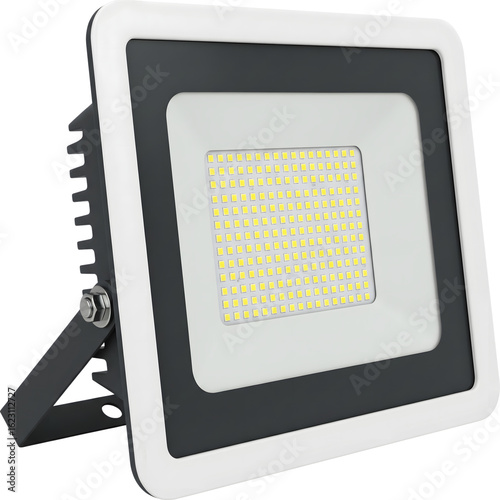 Modern LED floodlight with white and black housing isolated on transparent background